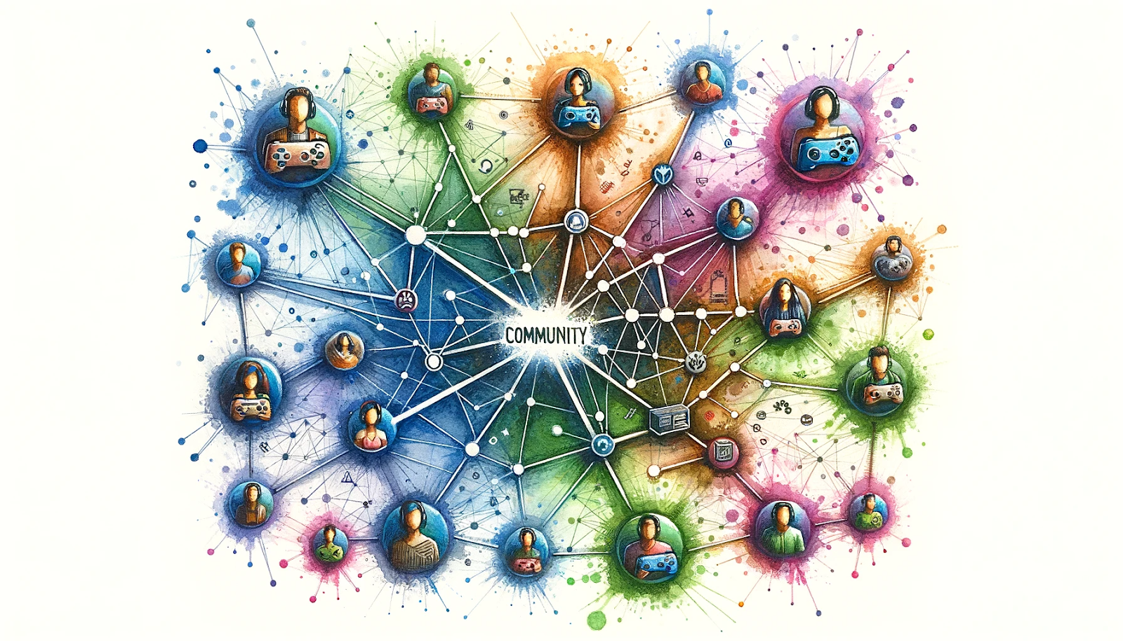 a network diagram illustrating partnerships between a gaming community, influencers, and other brands. It features interconnected lines and nodes with the gaming community at the center, surrounded by influencers and various brands.