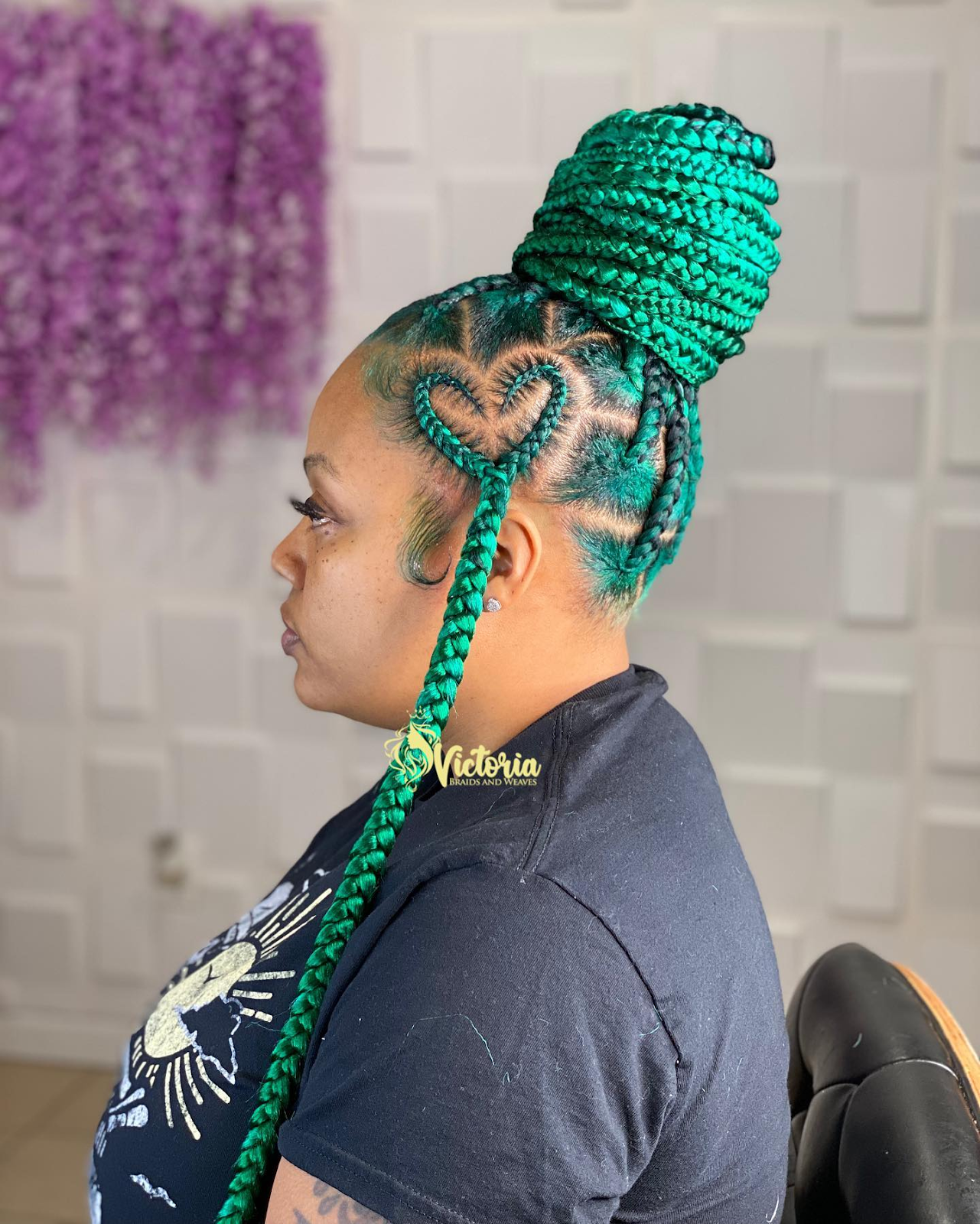 Large Green Braided Bun with Heart Design  for Black Hair
