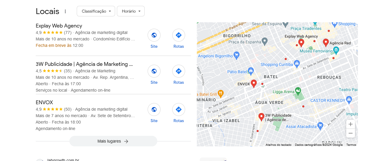 Captura de tela do snippet Meu Negócio e Maps de uma página de resultados do Google. 