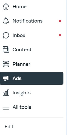 A screenshot of what the Meta Business Suite Ads section looks like