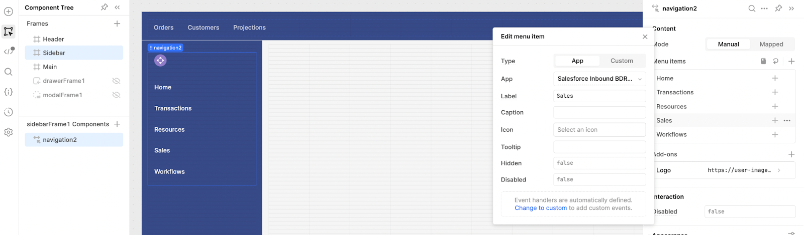 Navigation bars, sidebar and header frame in Retool