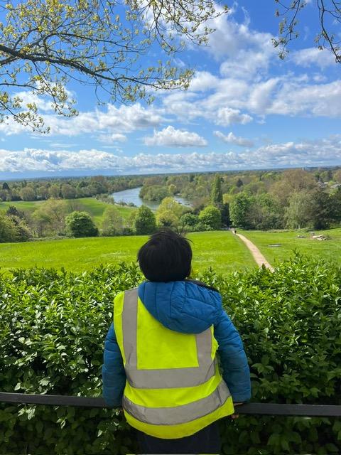 A person in a yellow vest looking at a river and grass

Description automatically generated