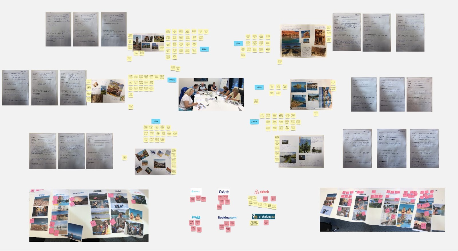 Screenshot z MIRO boardu - zápis z diskuze v rámci focus group. Na obrázku jsou vidět seřazené post-it papírky a fotografie, pořízené během workshopu. Uprostřed je fotka účastníků a od nich jsou hvězdicovitě zaznamenané jejich názory a citace. 