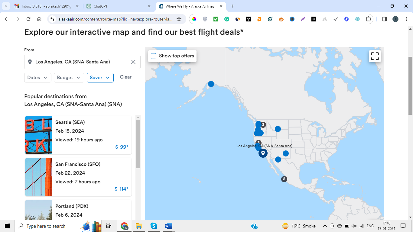 Alaska Airlines SNA Destinations Map