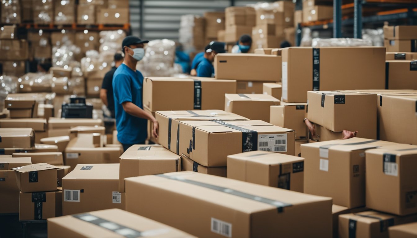 A pile of returned Amazon packages stacked in a warehouse, with workers processing and sorting them for resale or disposal
