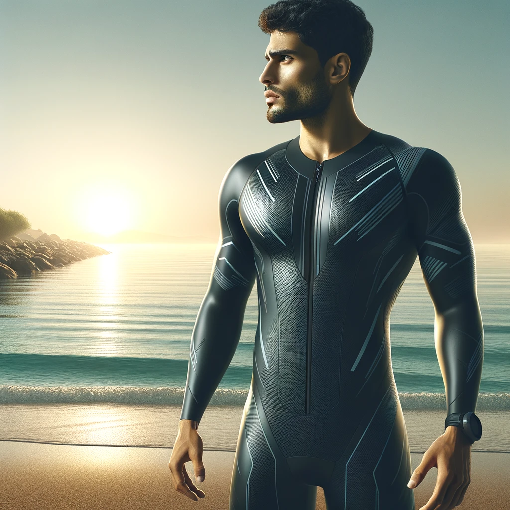  The athlete, in a specialized triathlon wetsuit, is ready at the water's edge, looking towards the horizon. The suit's design suggests hydrodynamic advantages for open-water swimming. The early morning sun illuminates the scene, indicating the dawn of a triathlon challenge.