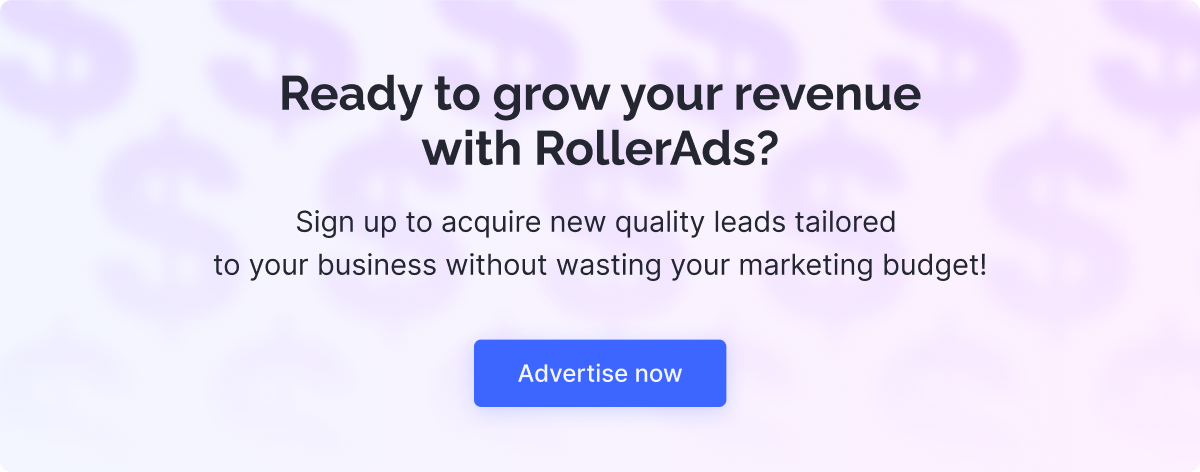 CTA to sign up to RollerAds and promote Software & Utilities, as well as other verticals.