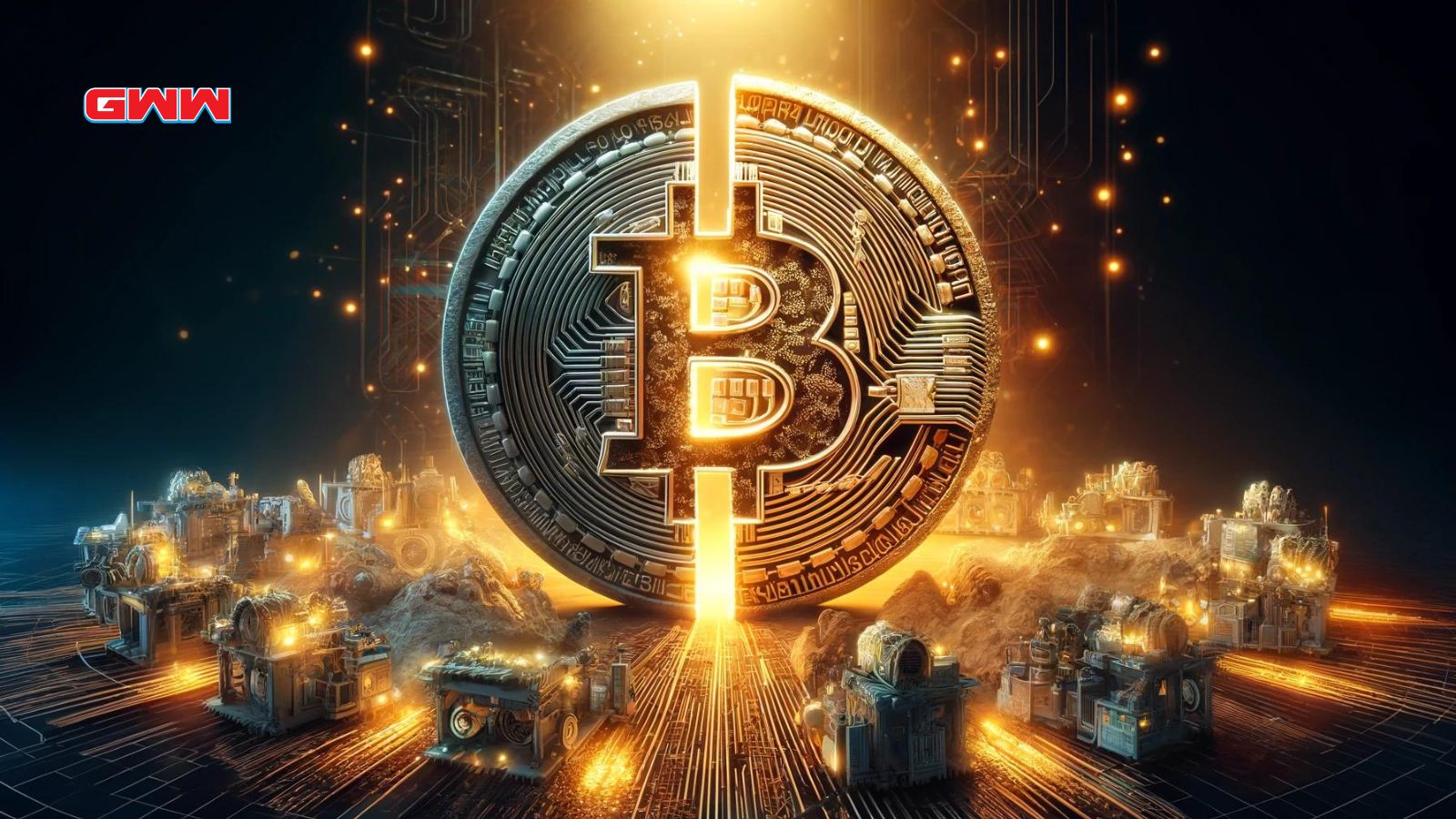 Bitcoin halving, glowing symbol, diverse mining rigs