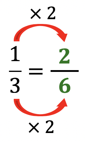 We multiply the numerator and denominator of 1 over 3 by 2 to get 2 over 6.