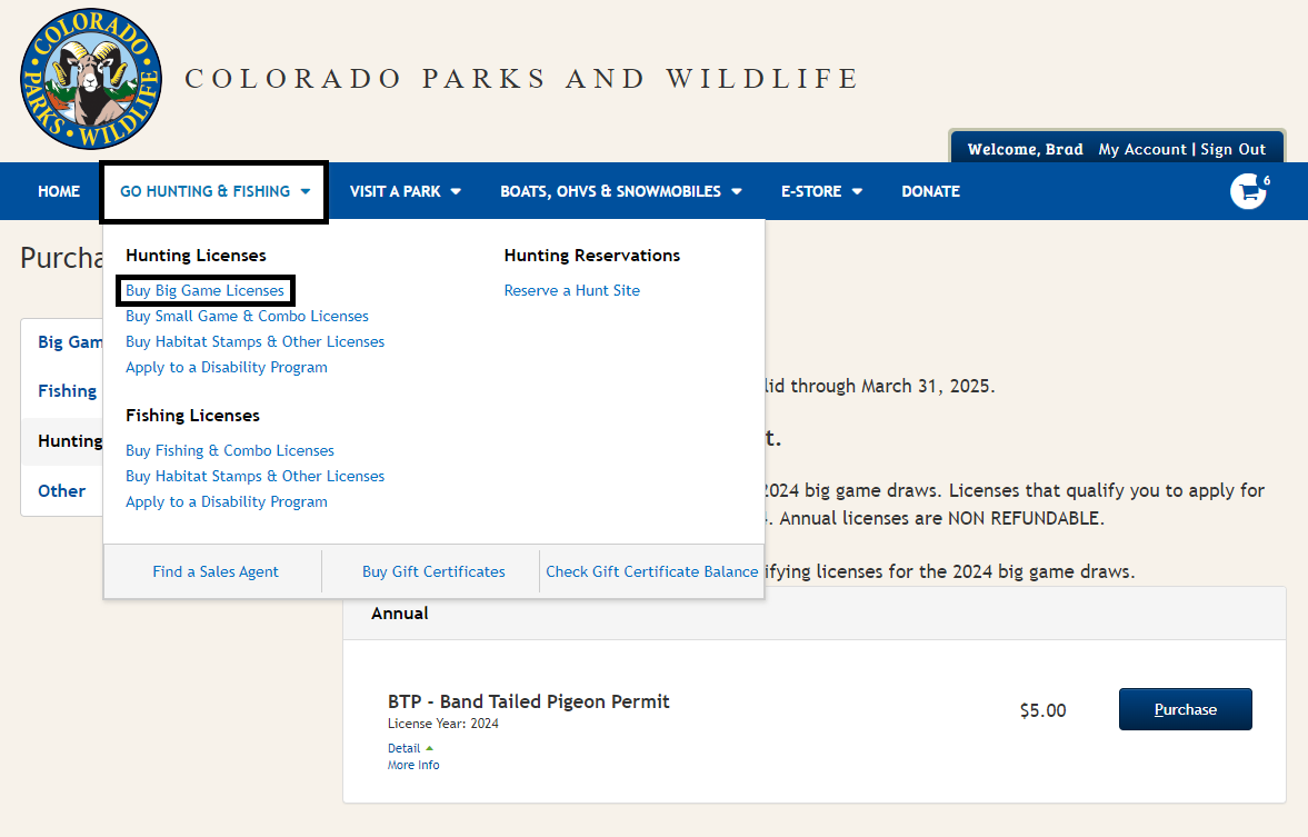 CPWshop.com go hunting and fishing dropdown menu to click on buy big game licenses