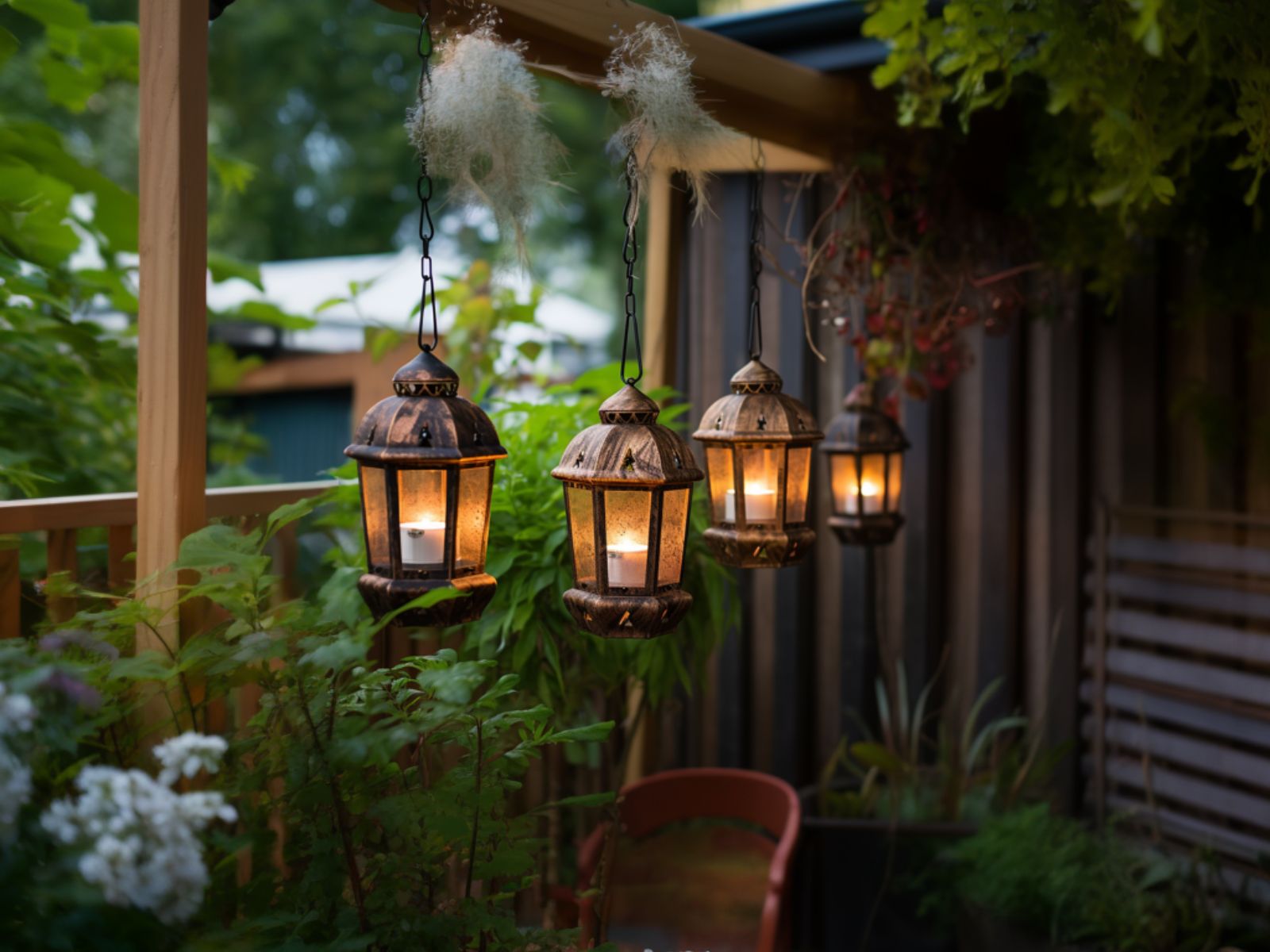 Vintage hanging lanterns in a backyard 