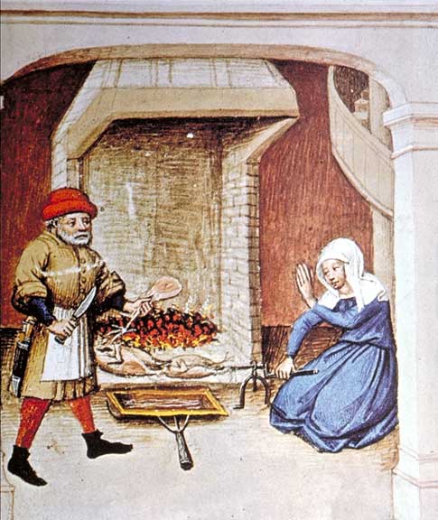 Fowl roasting on a spit. A shallow basin collects the drippings to use in sauces or for basting; The Decameron, Flanders, 1432.