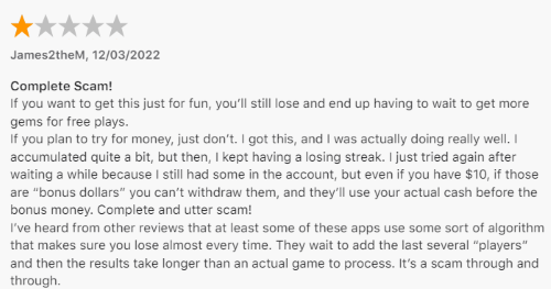 A 1-star Solitaire Clash review from a player who thinks it's a scam set up so you lose most of the time. 