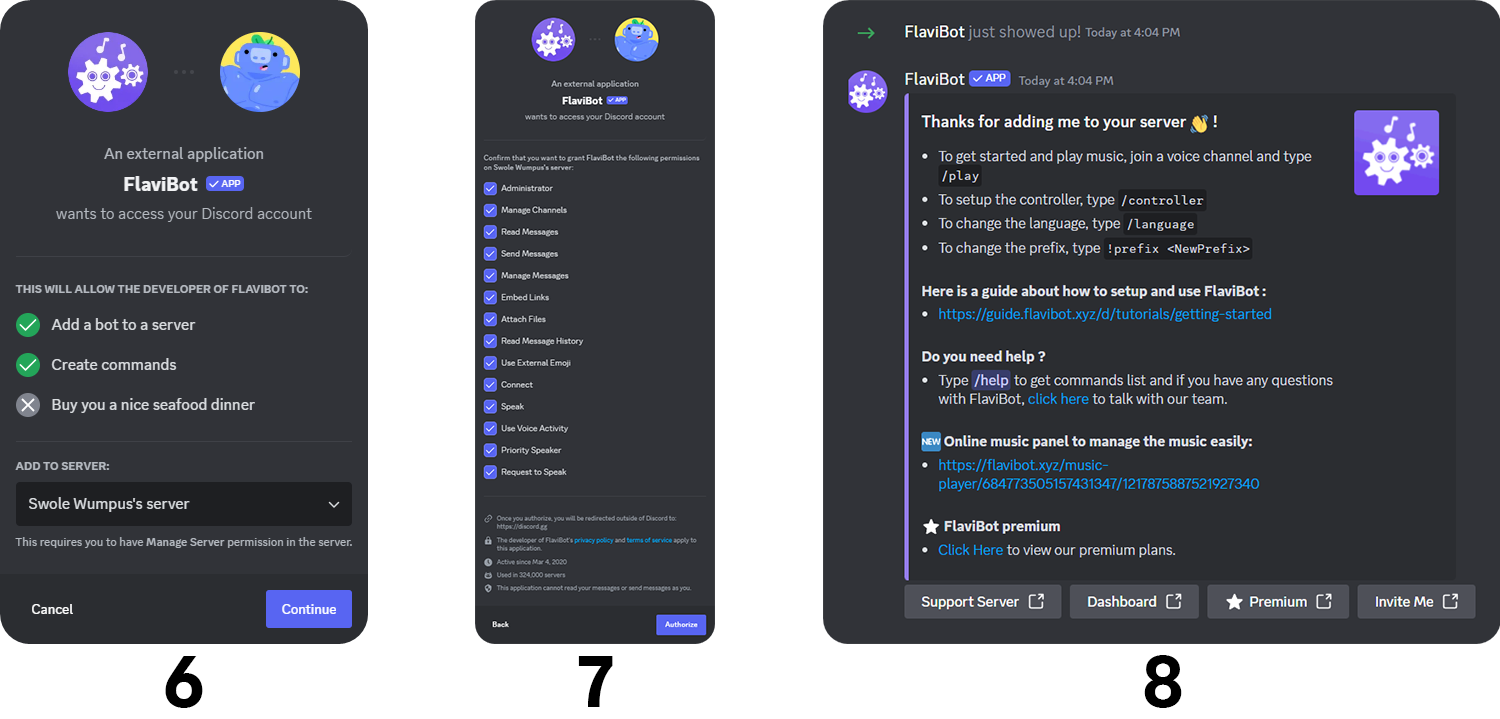 Steps of inviting the FlaviBot to a Discord server