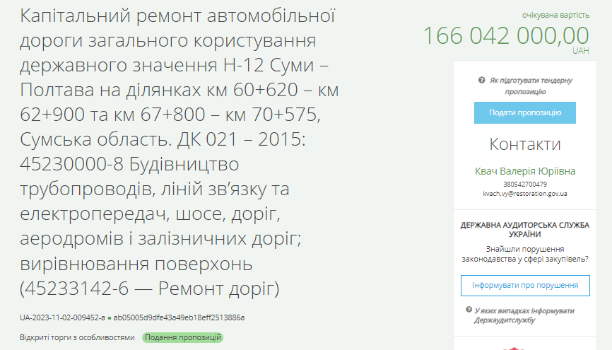 Новий тендер на капітальний ремонт дороги Суми – Полтава за 166 млн грн