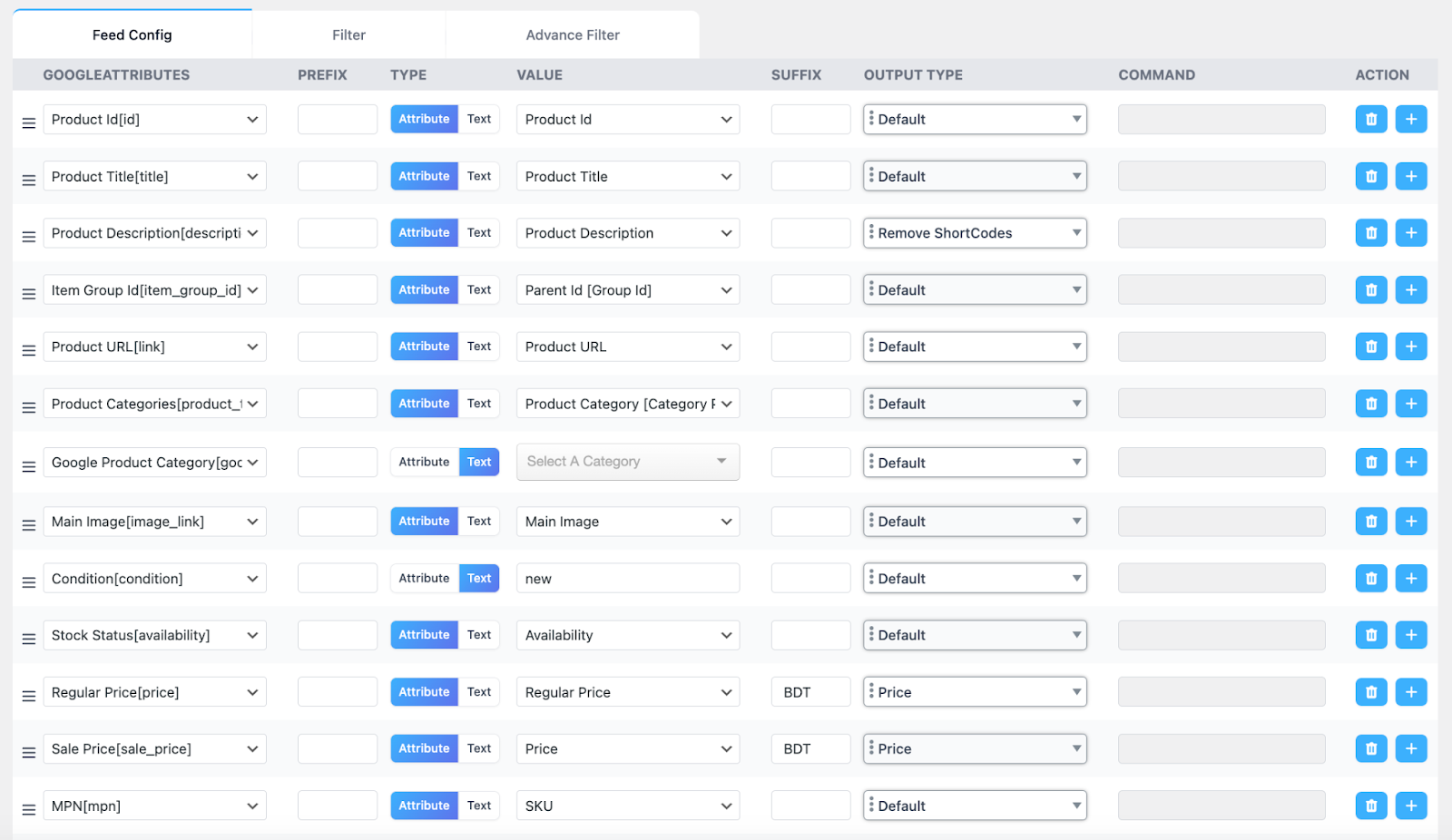 product feed configuration 