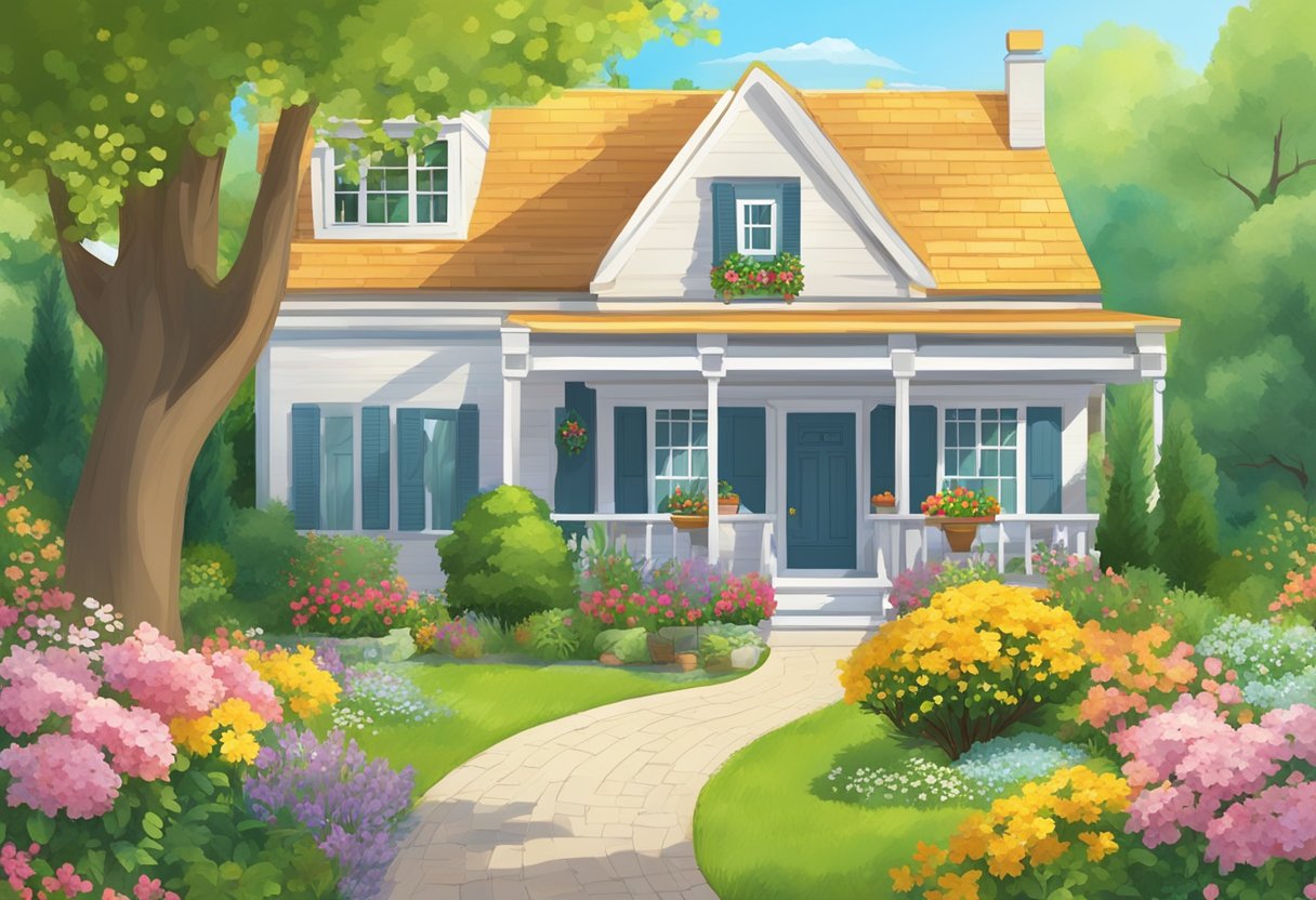 A sunny day with a "For Sale" sign in front of a house, surrounded by blooming flowers and green trees. A calendar shows the current season