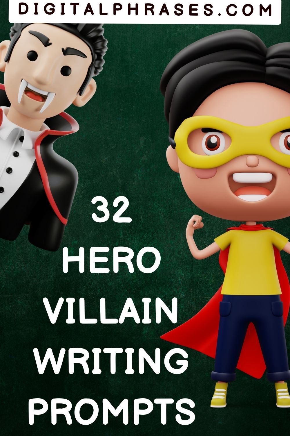 green background image with text - 32 hero villain writing prompts