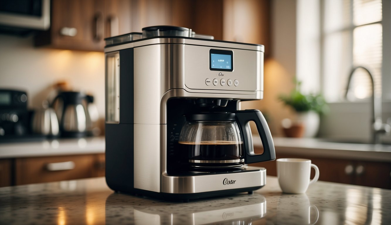 The Oster Xpert Perfect Brew coffee maker sits on a clean, modern kitchen counter. Steam rises from a freshly brewed pot, while a warm, inviting glow emanates from the machine
