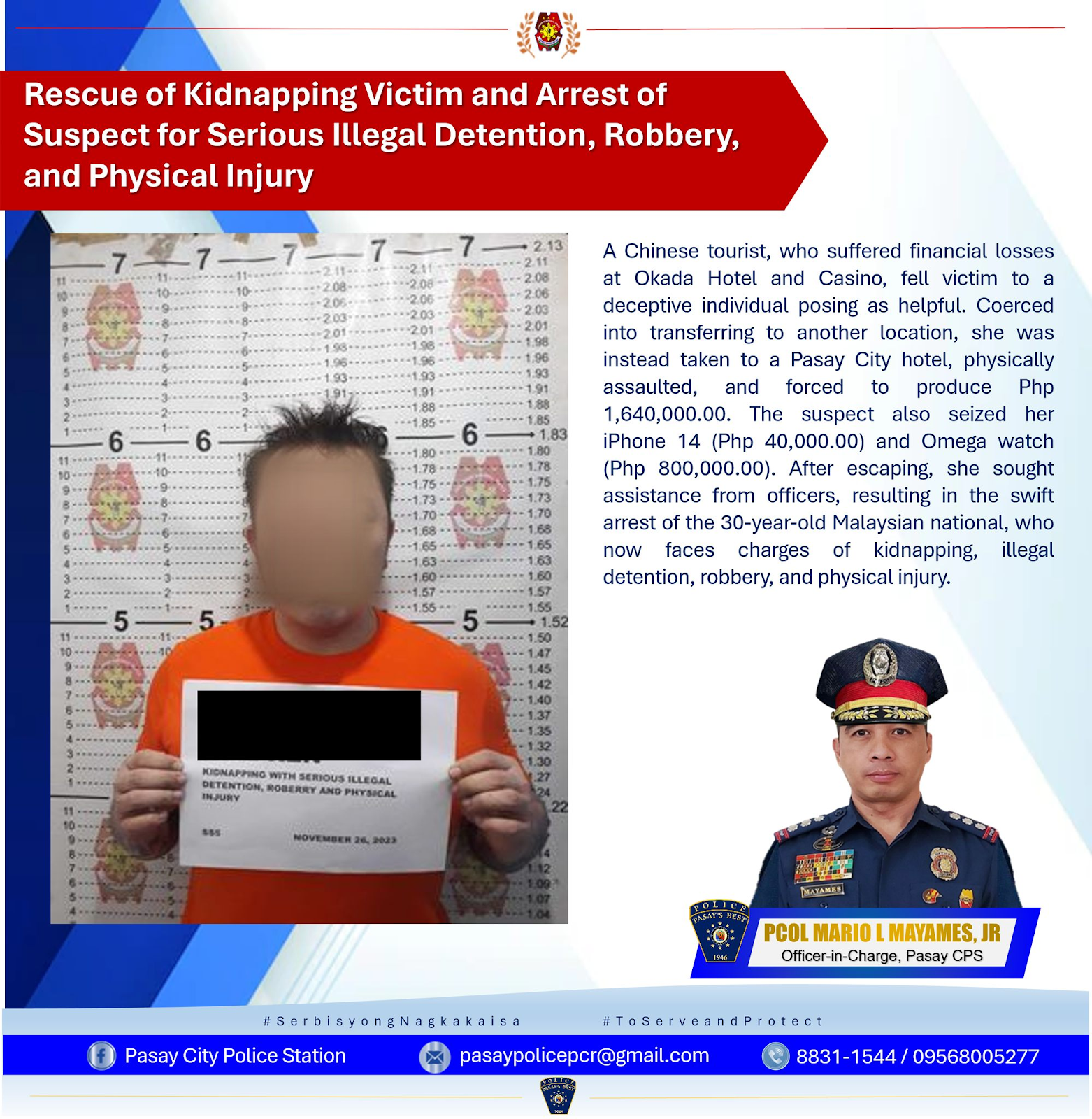   Photo Caption: Pasay City police arrest a 30-year-old Malaysian man for kidnapping and other offenses on November 26, 2023. (Photo from Pasay City Police Station)