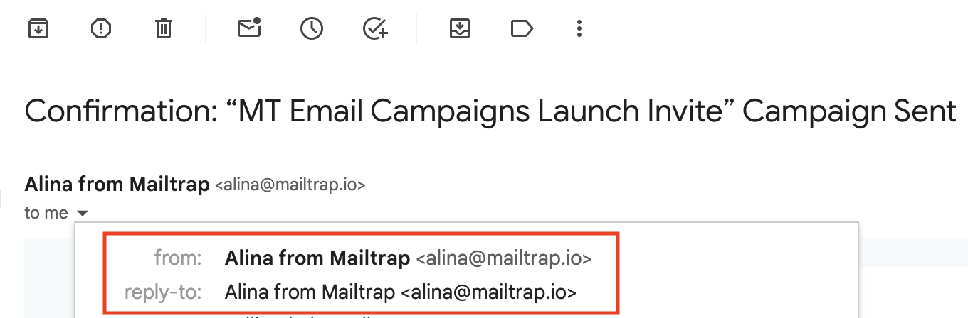 Mailtrap confirmation email example of From and Repyto