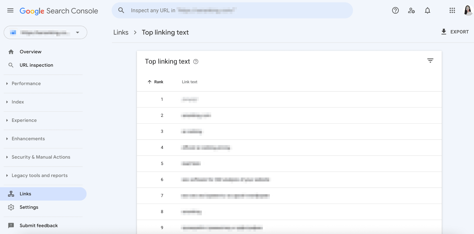 Top linking text - Google Search Console