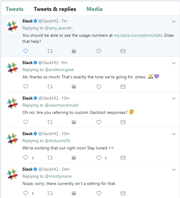 Slack providing customer service over Twitter.