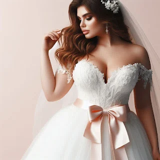 Noiva usando vestido plus size com laço rosa