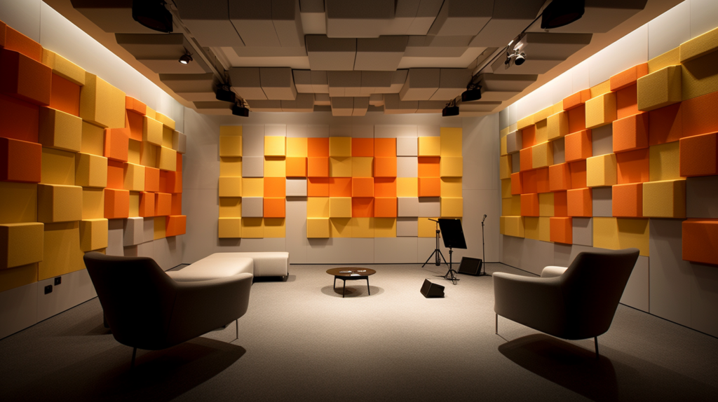 Elegant room showcasing strategically positioned flat acoustic panels of varying thicknesses and densities, featuring a luxurious polyester-felt texture