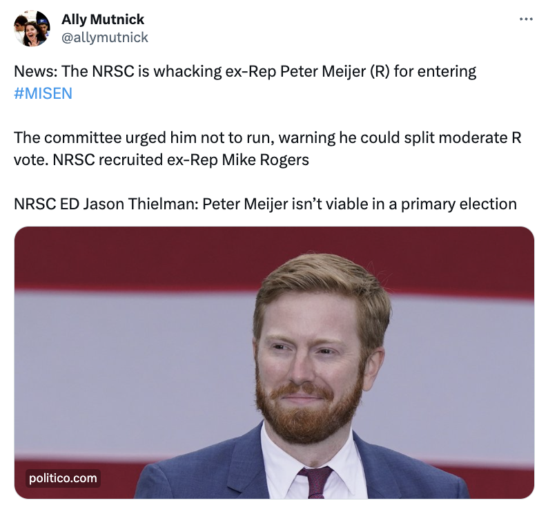 Ally Mutnick tweet about NRSC's reaction to Peter Meijer's entry into the Michigan Senate primary. 