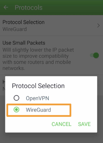 screenshot of Wireguard options in PIA VPN app