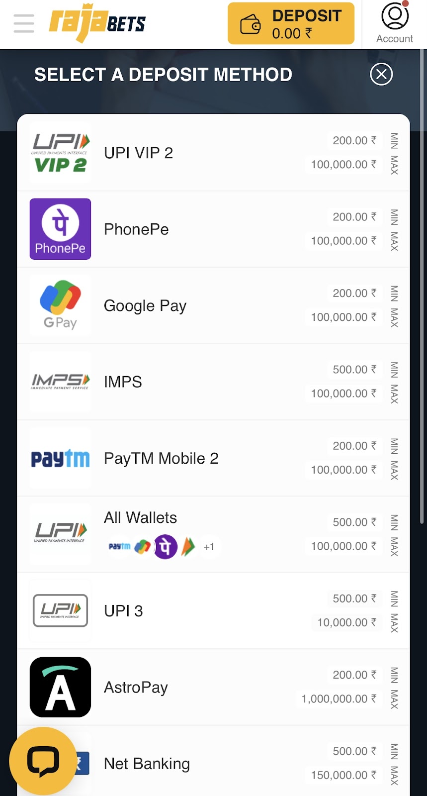 rajabets payment methods