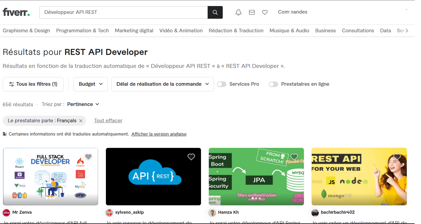 Requête "Développeur API REST" sur Fiverr