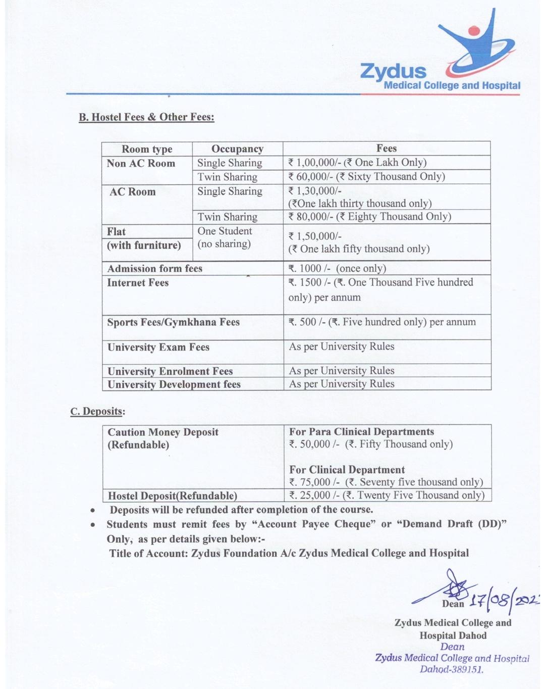 Zydus Medical College and Hospital Hostel Fees