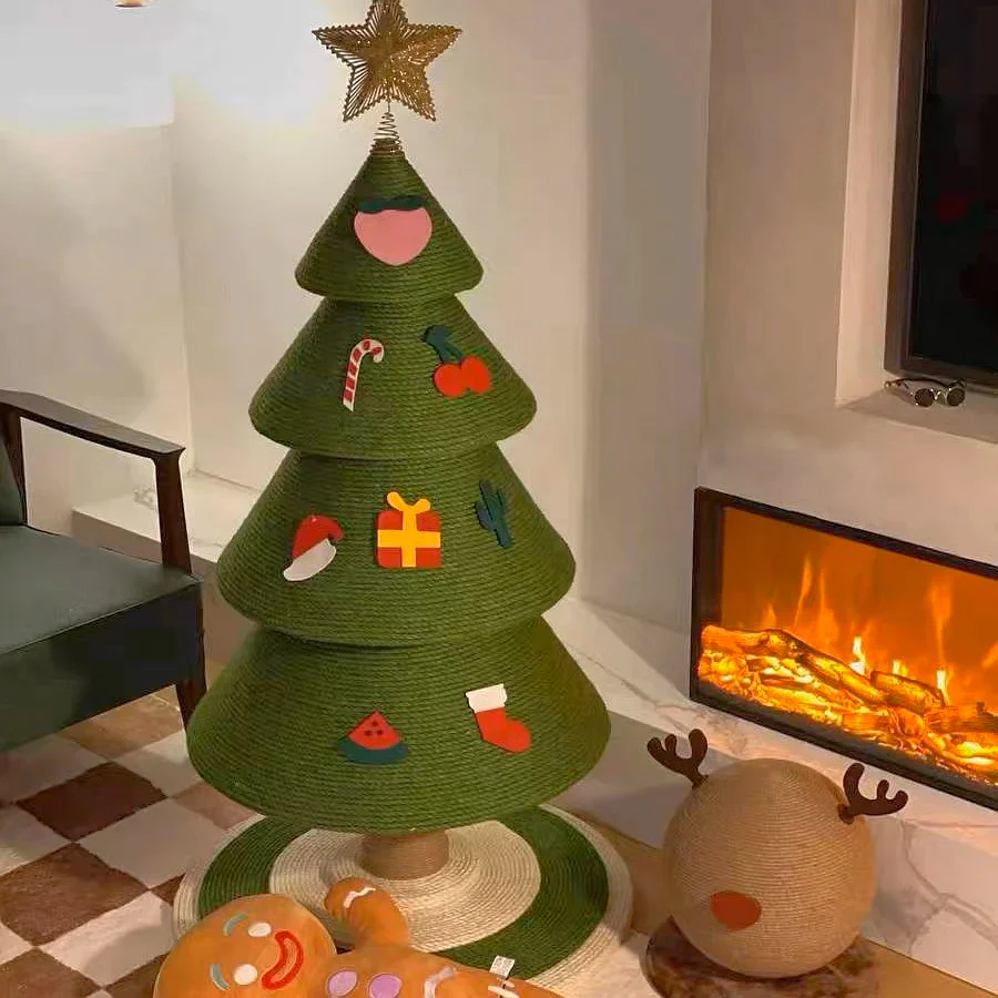 A cute Christmas tree shaped scratching pad with stickable ornaments that your cat can scratch - the perfect holiday cat gift.