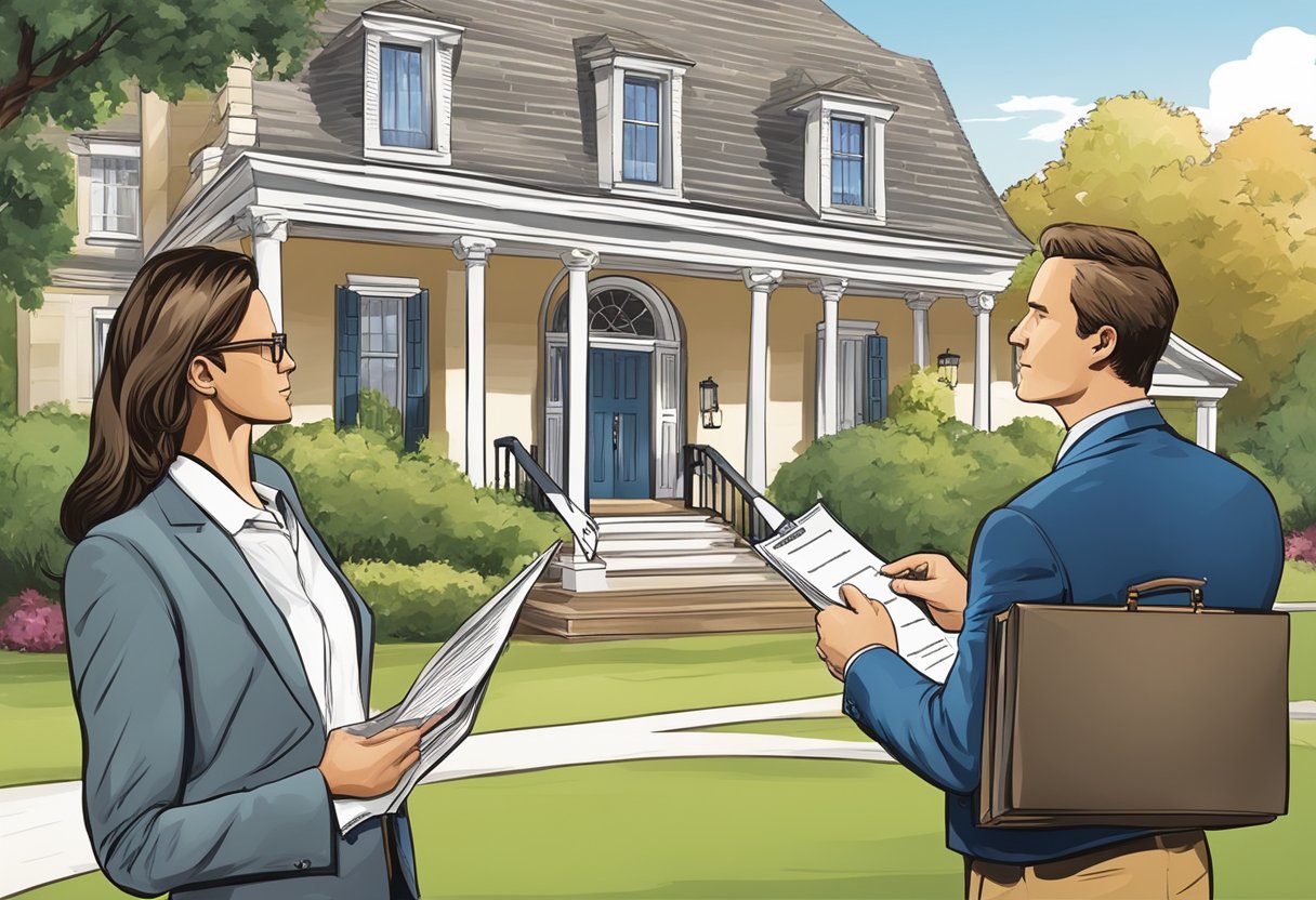 A real estate agent presents paperwork to a potential buyer, while a lawyer reviews legal documents. A "For Sale" sign stands in front of a stately home