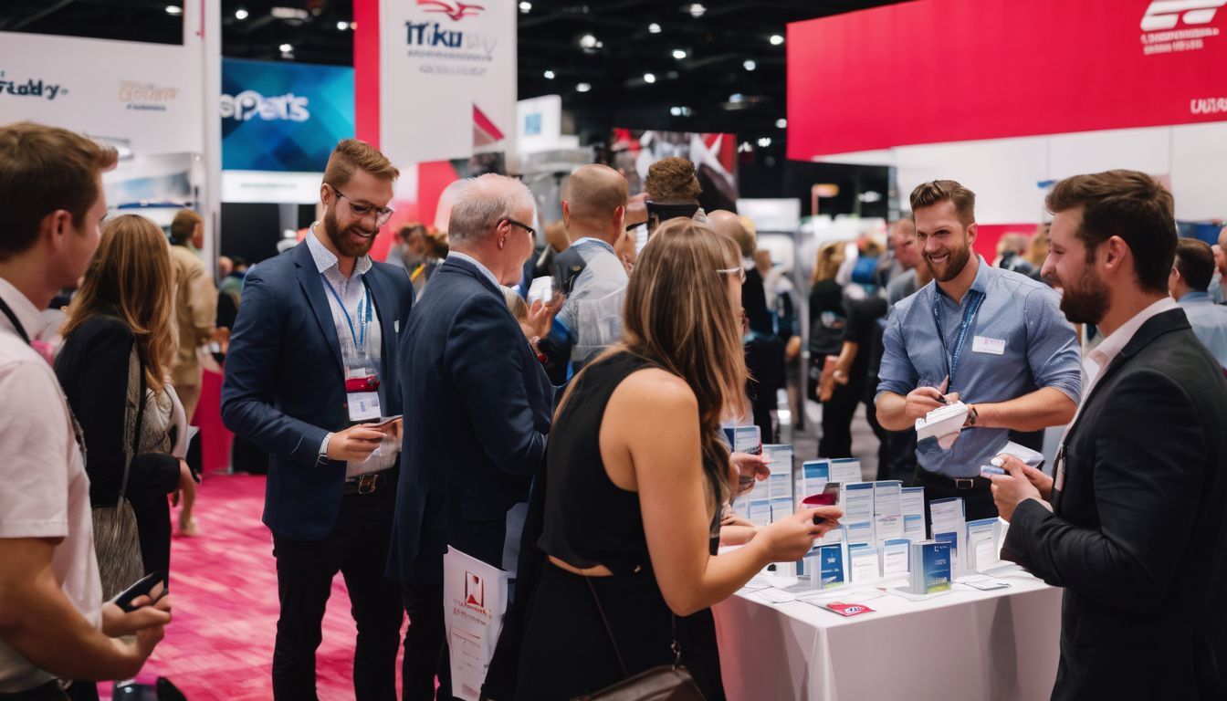 Professionals networking and exchanging business cards at a Houston trade show.