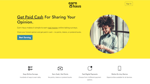 The Earn Haus homepage where you can sign up to start earning cash for taking surveys. 