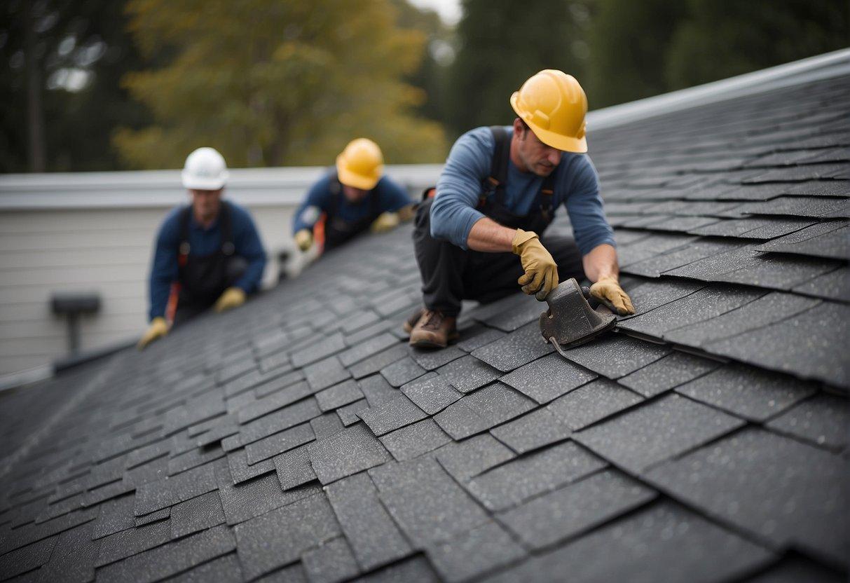 A crew of workers installs asphalt shingles on a roof, carefully arranging and securing each piece to create a durable and weather-resistant covering