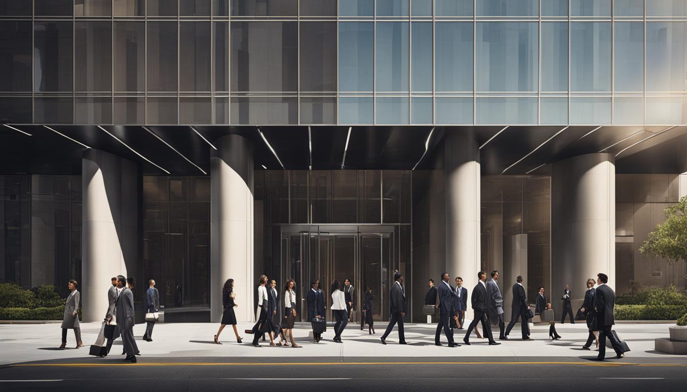 A group of people walking in front of a buildingDescription automatically generated