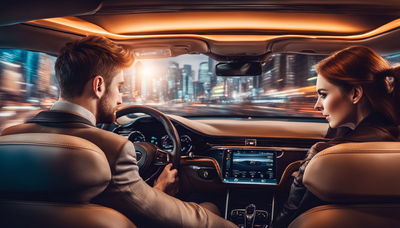 A young driver comparing insurance quotes on a laptop in a car.