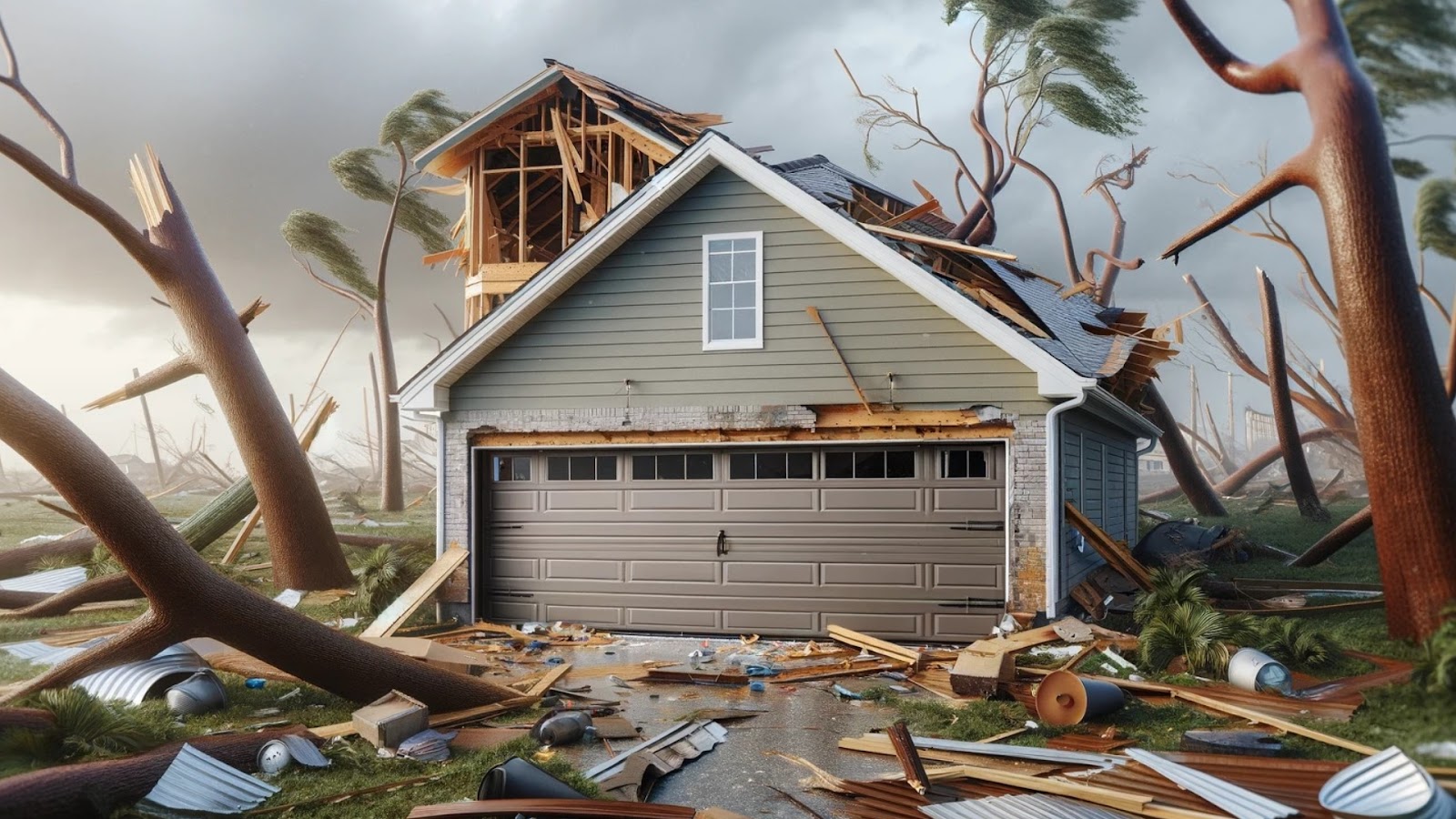 An impact-rated garage door in the middle of a hurricane aftermath