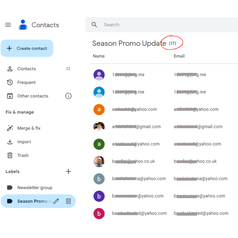 “Season Promo Update” group now has 17 contacts