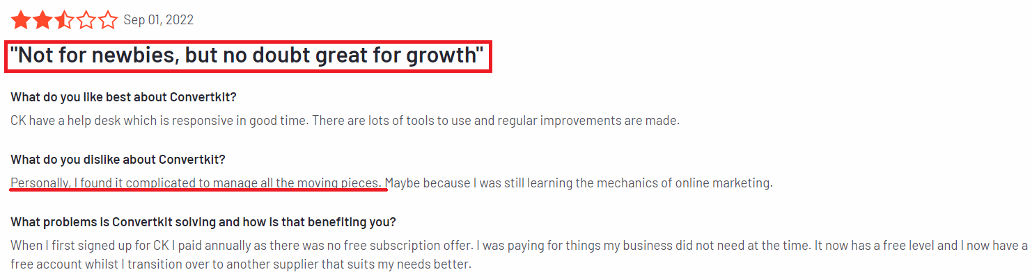 3. ConvertKit review from customer. Source: G2.