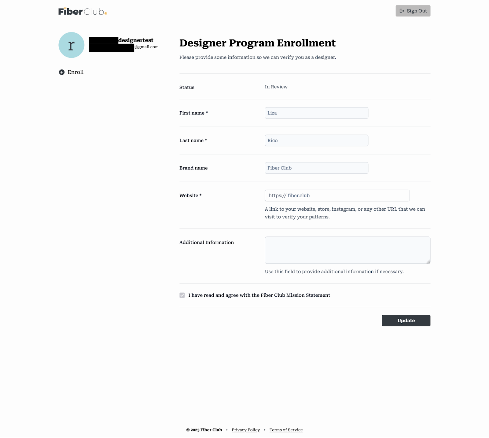 A screenshot of the Fiber Club Designer Program Enrollment page.