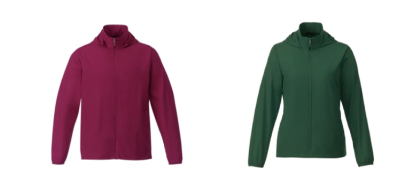 Screenshot of a burgundy packable jacket and a green packable jacket.