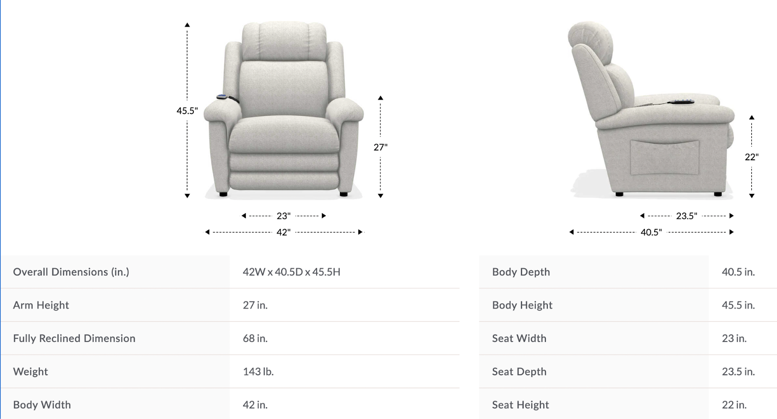 clayton gold power lift recliner w/ massage & heat dimensions