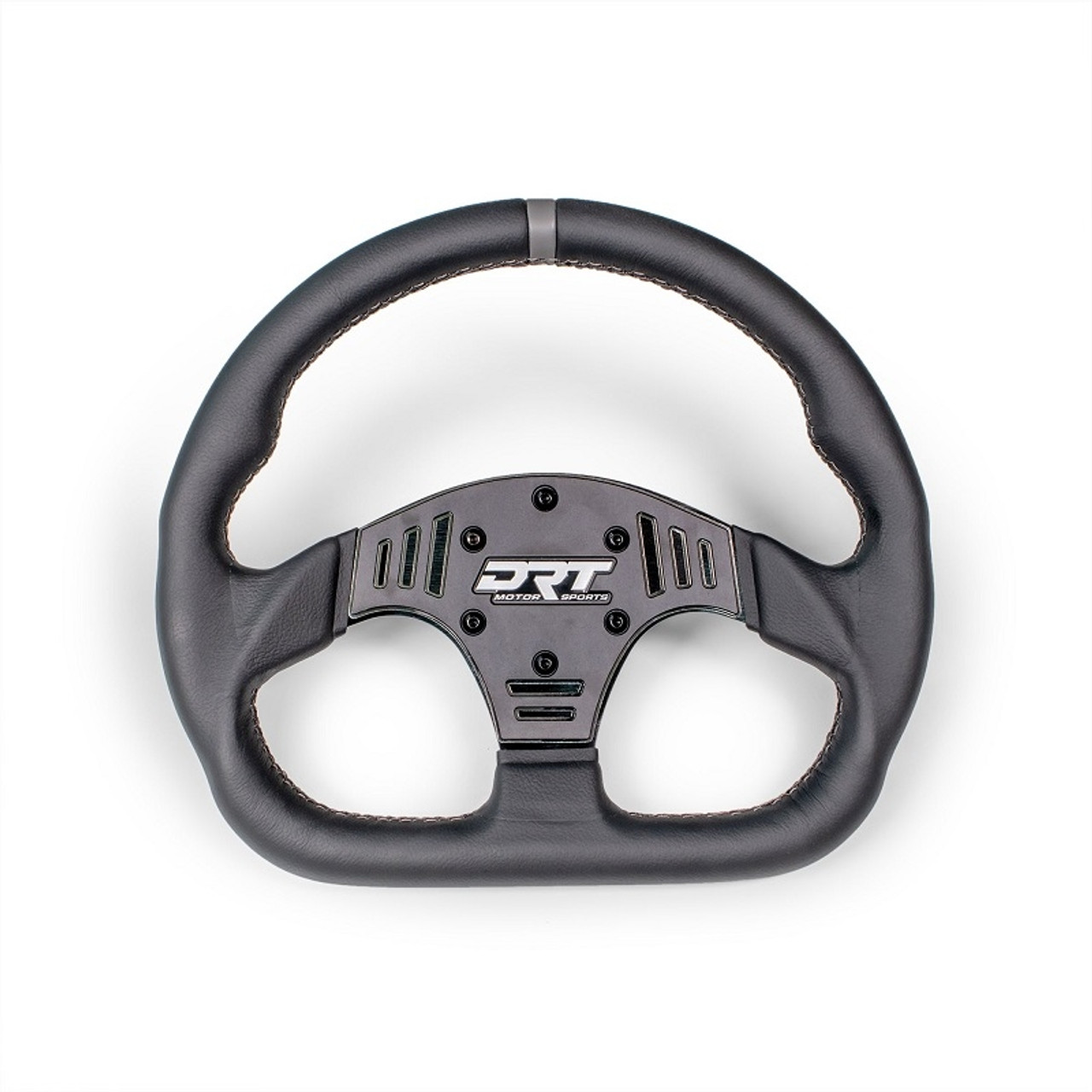 A D-shaped DRT Powersports steering wheel, uninstalled and against a blank background