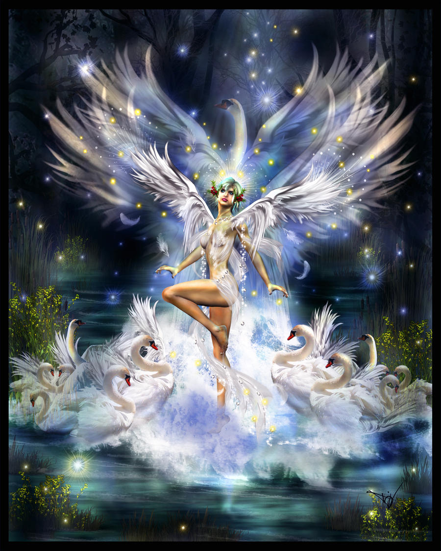 Goddess Caer is posing above water while swans surround her. She has white wings and a shadow of a swan is behind her.