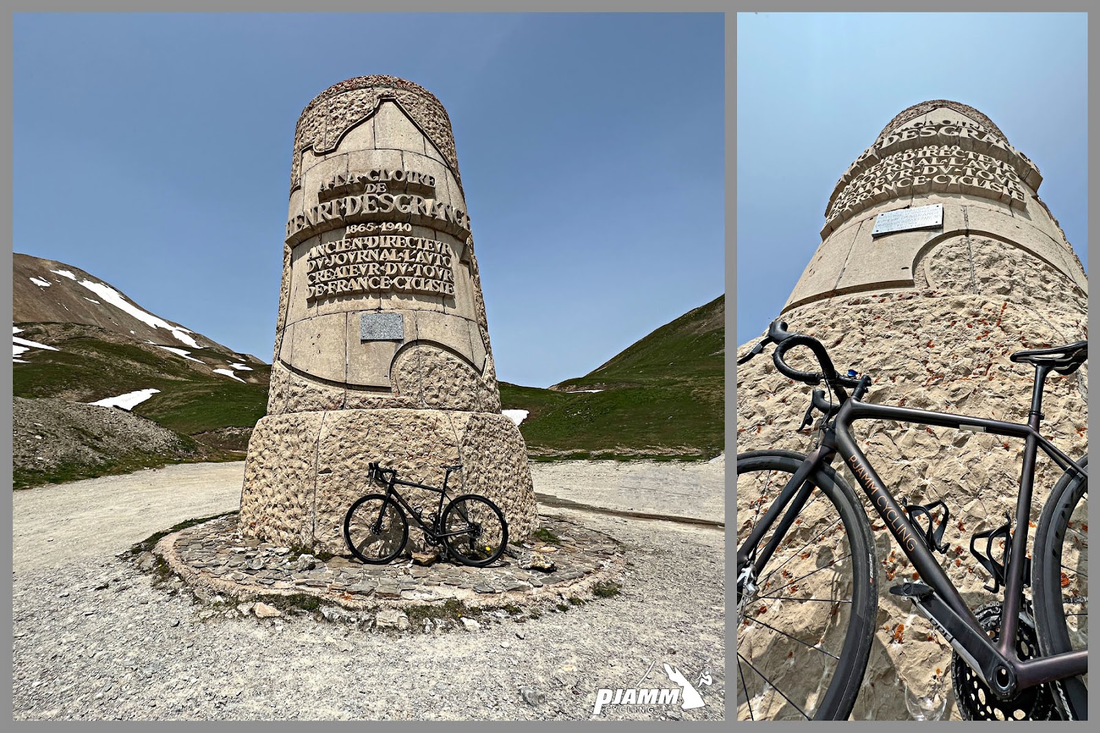 Cycling Col du Galibier from Valloire: bike parked against base of large stone memorial for Henri Desgrange, first director of Tour de France